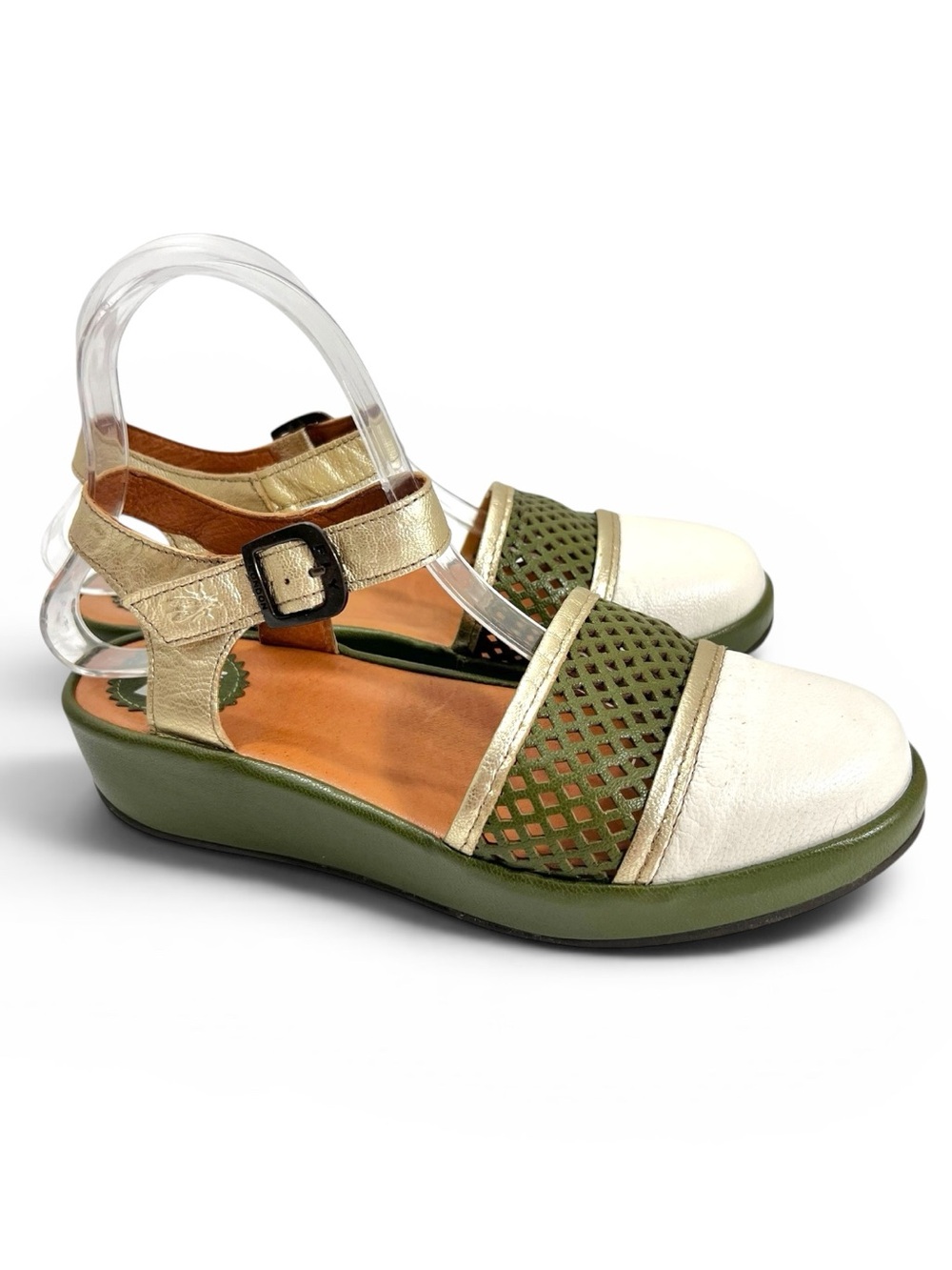 Fly London Olive Green White and Gold Leather Closed Toe Sandals